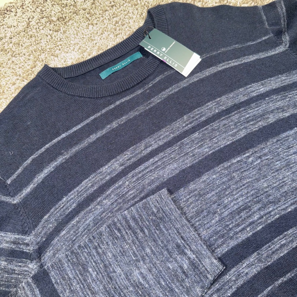 Perry Ellis Linen Blend Sweater Men Striped Crew Neck Dark Sapphire Blue XXL NEW